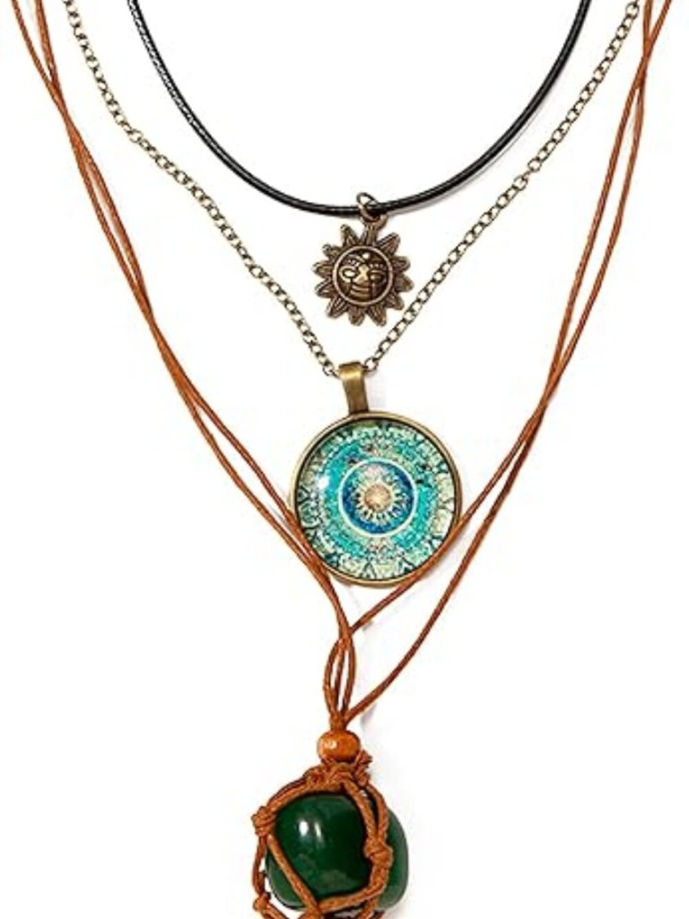 Bohemian Green Crystal Sun & Floral Multi-Layer Choker Necklace | Vintage Ethnic